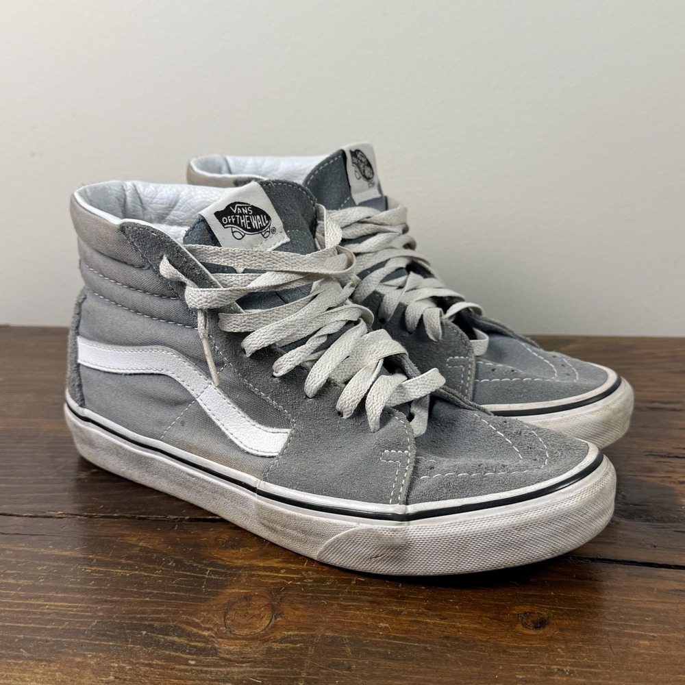 Vans Sk8-Hi Shoes Mens Size 7 Womens 8.5 Gray White Suede High Top Skateboarding